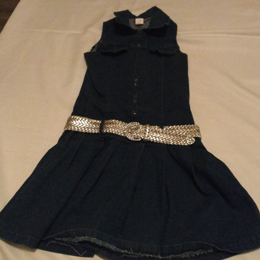 ♥️3/$15 Girls' Dark Blue Denim Dress with Gold Belt